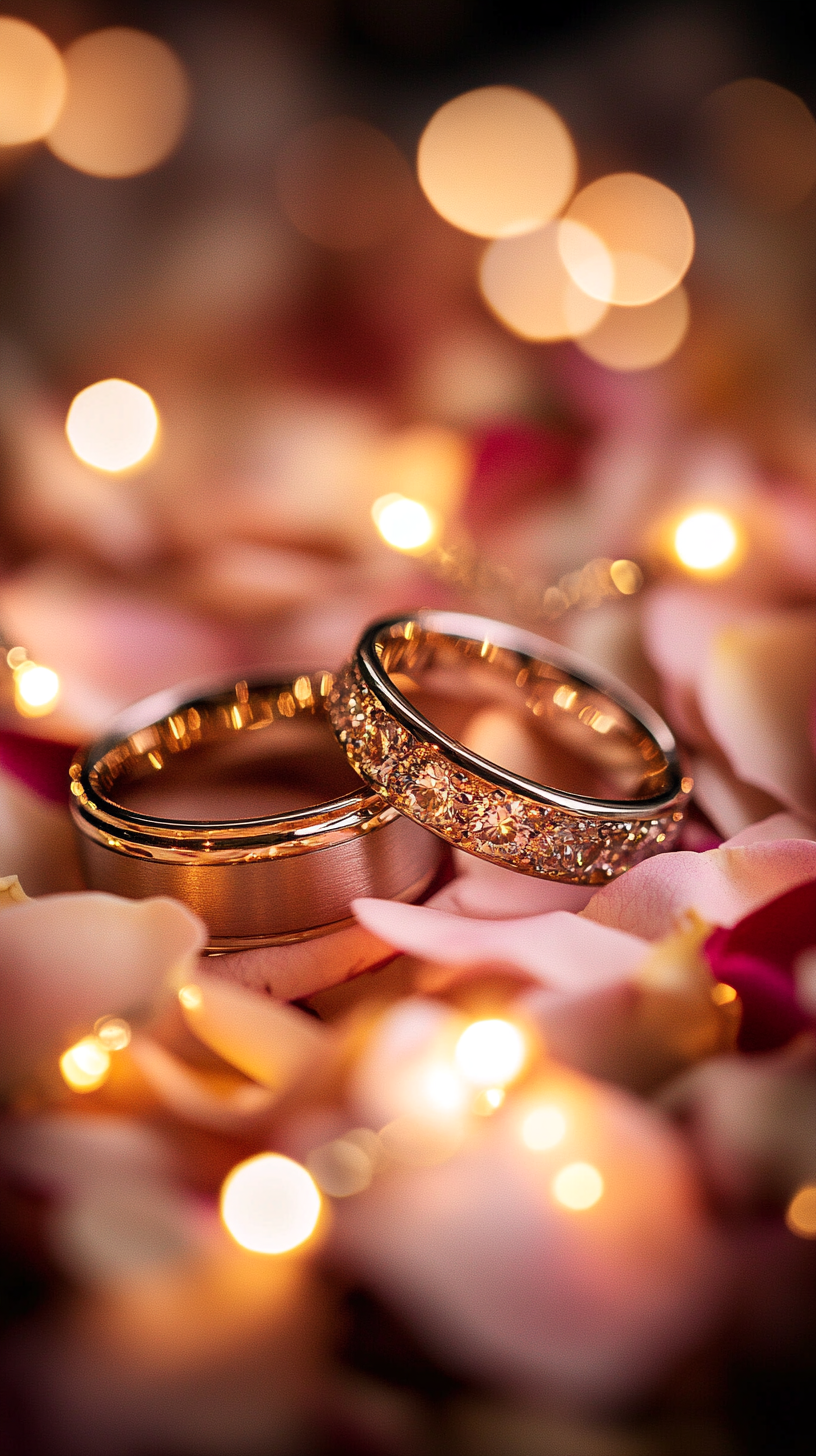 Ethereal Elegance: Rose Petal and Light Wedding Bands