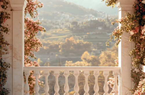 Dramatic Sunset Oasis with Marble & Blooming Archway