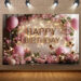 Elegant Pink Birthday Backdrop — Floral Wreath, Gold Accents