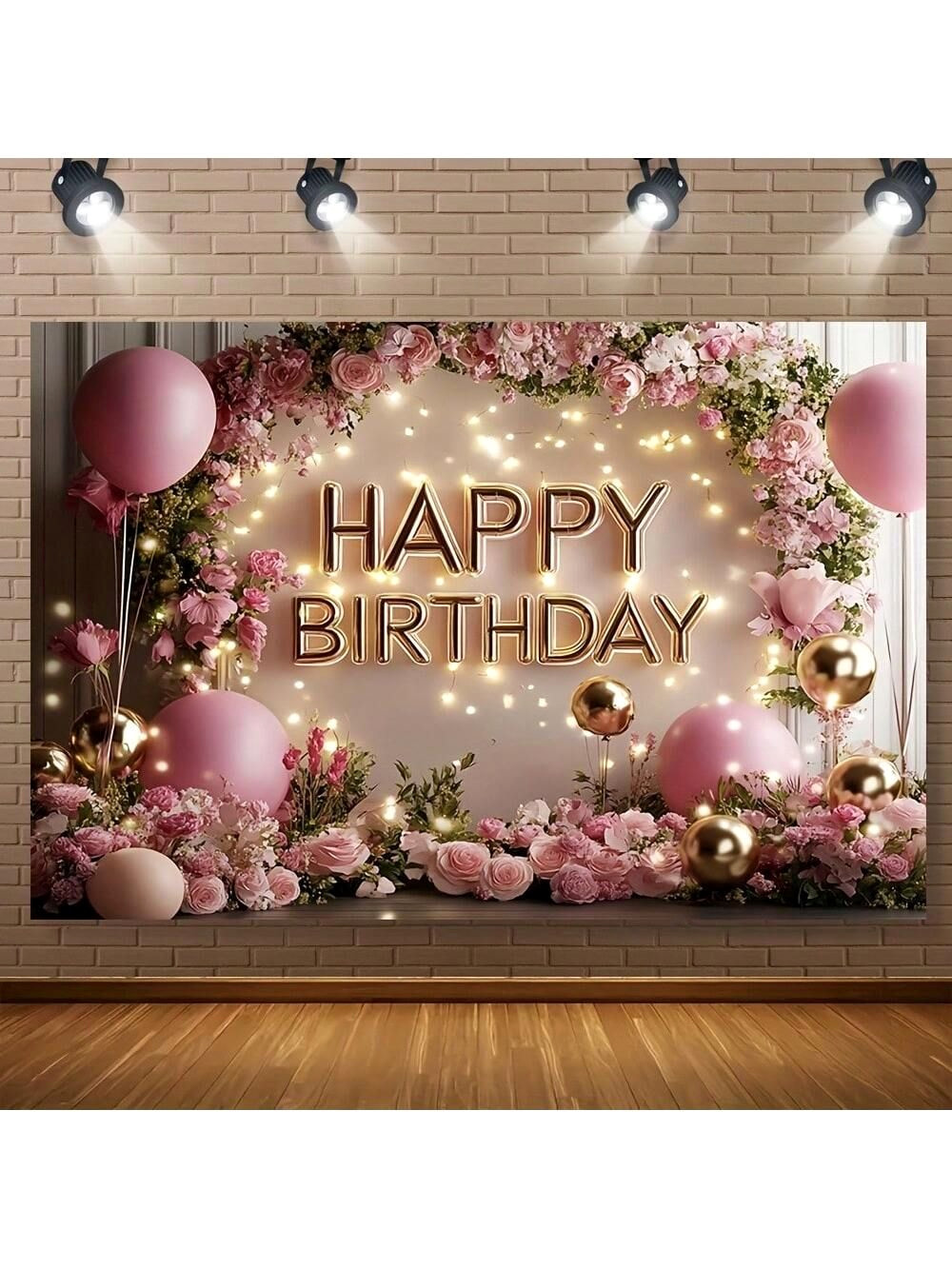 Elegant Pink Birthday Backdrop — Floral Wreath, Gold Accents