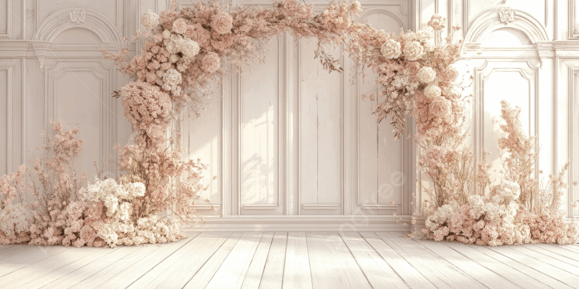 Dreamy Wedding Backdrop: Pink Floral Arch in Whimsical Whites