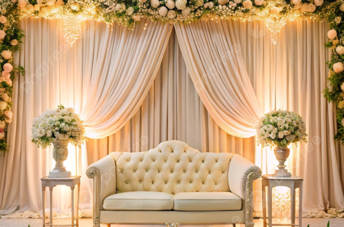 Elegant Floral Wedding Stage: Luxe Sofa & Florals in Perfect Harmony