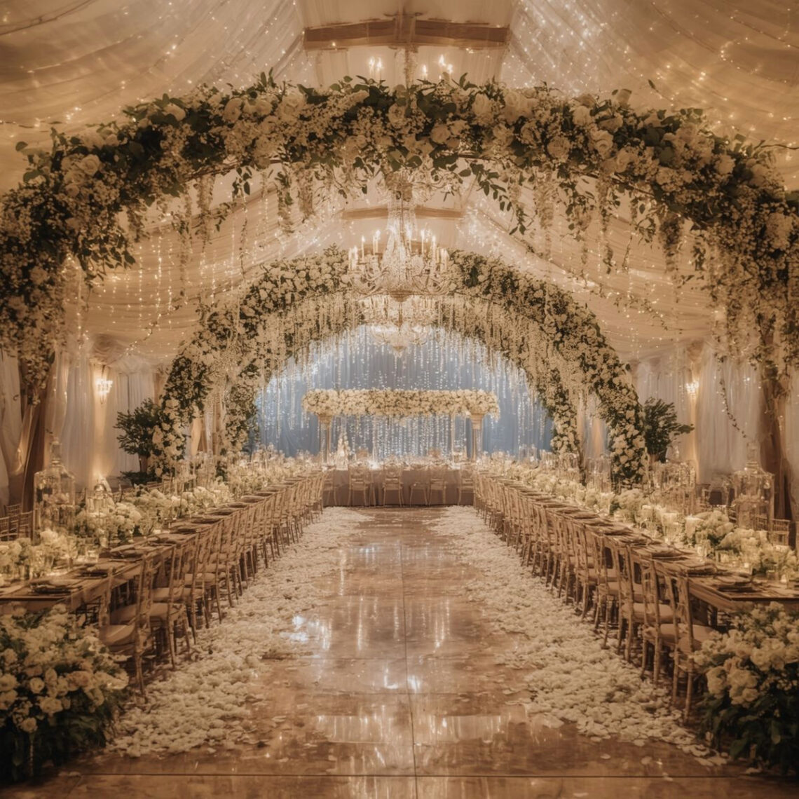 Dreamy Gold Wedding Venue with Elegant White Arches