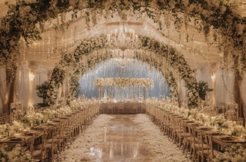 Dreamy Gold Wedding Venue with Elegant White Arches