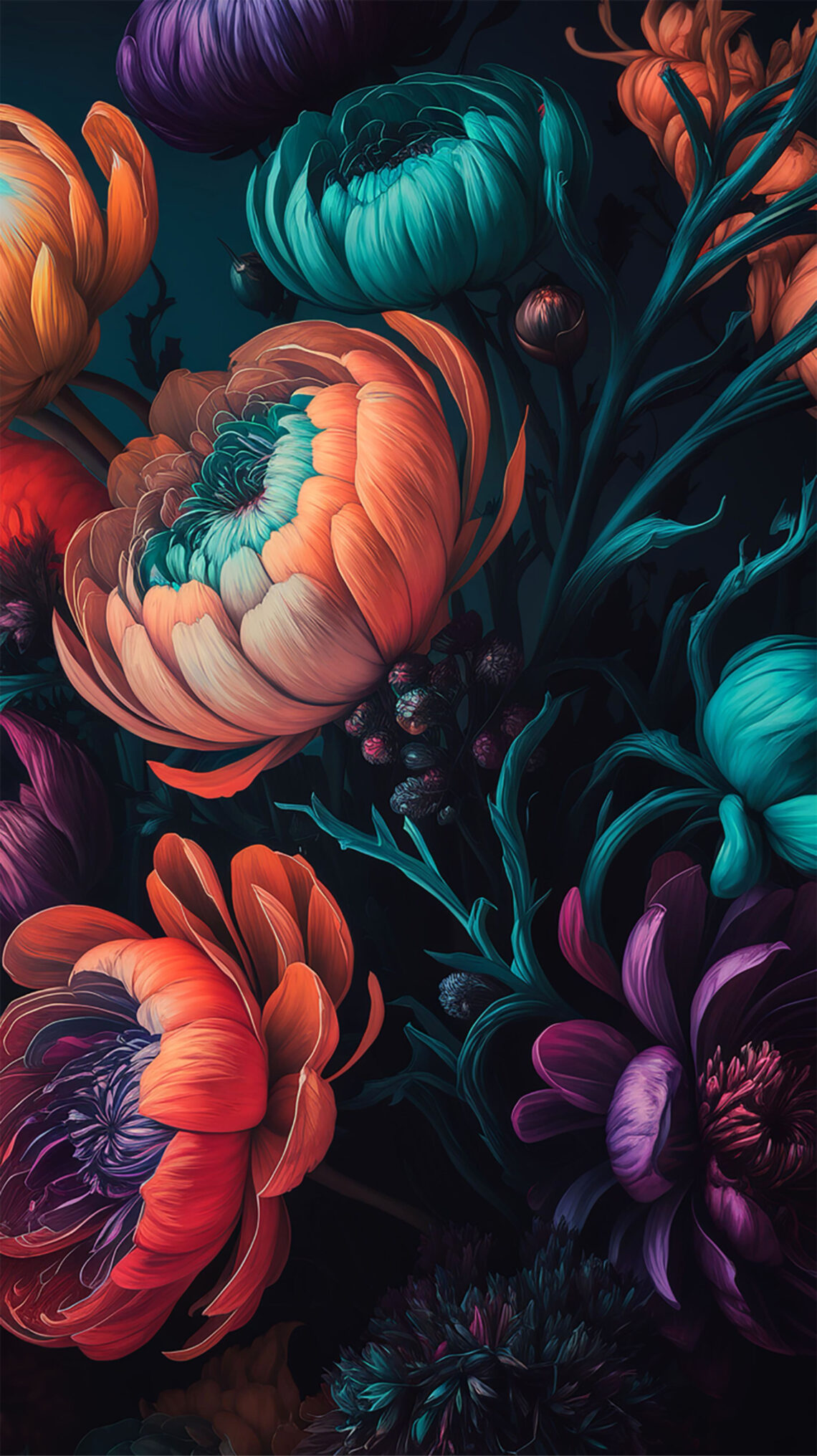 Vibrant Blooms & Moody Magic: Dark Floral Digital Wallpaper