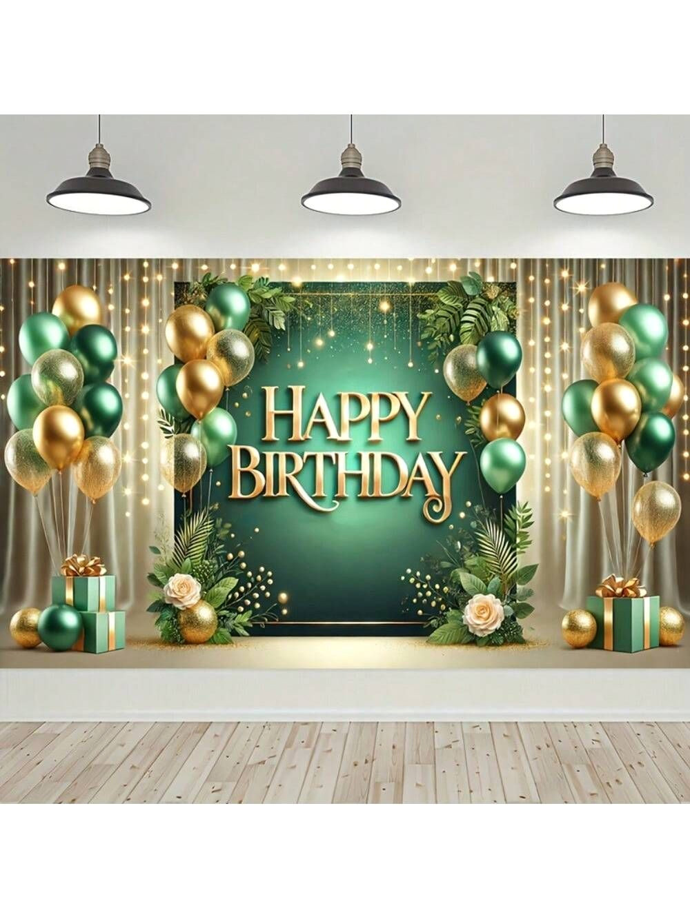 Elegant Spring Birthday Banner: Green, Gold & Blooms