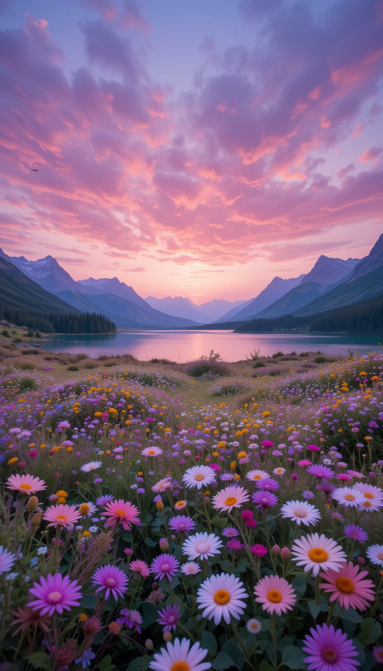Peaceful Sunset Lake with Wildflowers Wallpaper