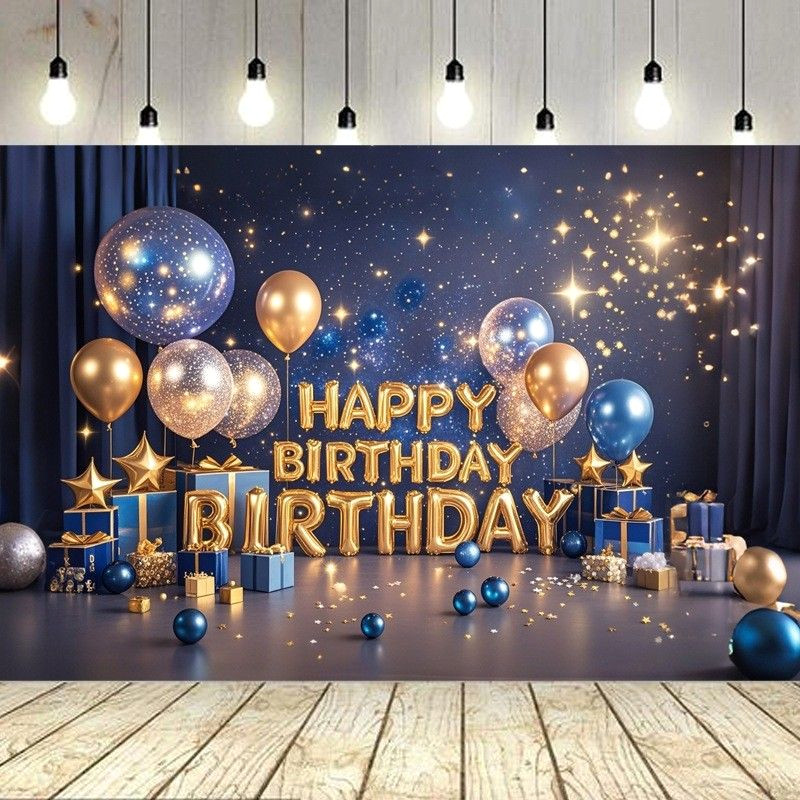 Navy Blue and Gold Birthday Backdrop with Glitter Balloons