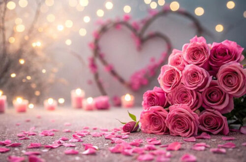 Romantic Valentine’s Day Background with Rose Bouquets & Soft Bokeh Lighting Romantic Valentine’s Day Background with Rose Bouquets & Soft Bokeh Lighting