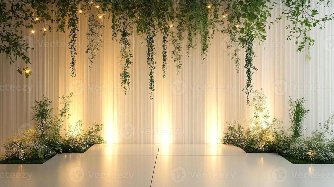 Dazzling White Wedding Backdrop with Luxe Drapes & Hanging Greenery
