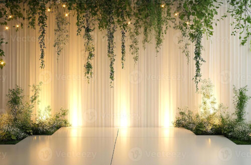 Dazzling White Wedding Backdrop with Luxe Drapes & Hanging Greenery