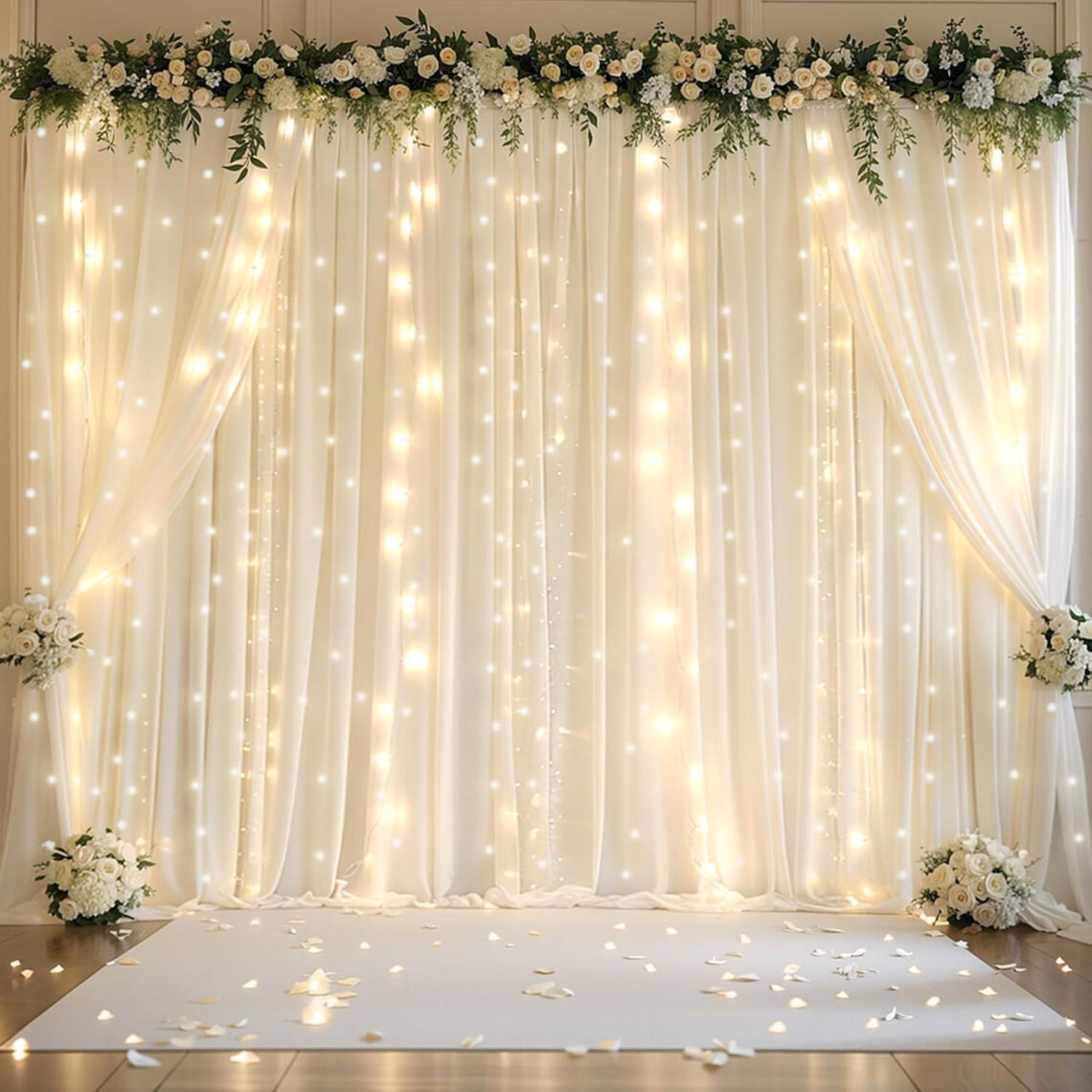 Elegant 5ft x 10ft Chiffon Backdrop with String Lights for Wedding Parties