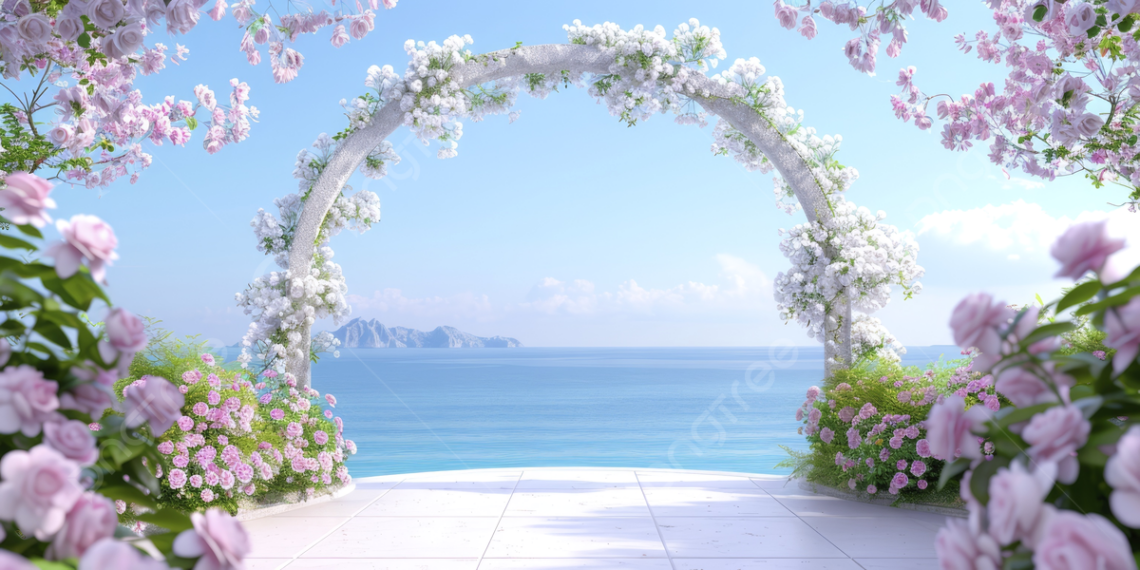 Dreamy Rose-Tinted Wedding Arch Near the Ocean