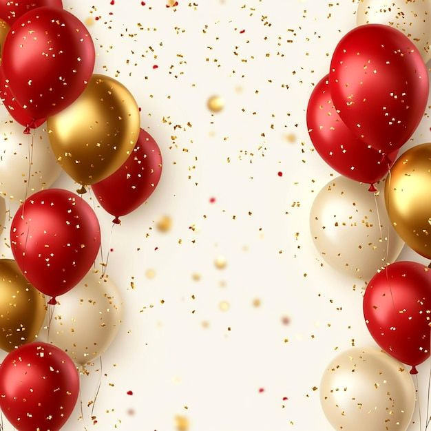 Celebration Background: Red & Gold Balloons, Confetti, Copiable