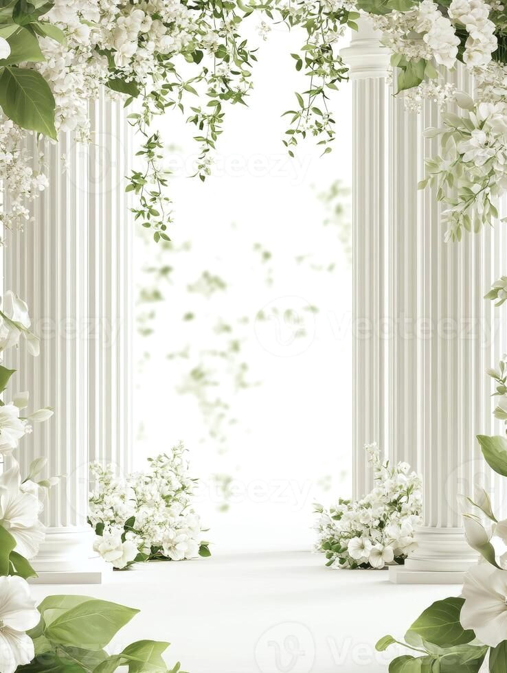 White Wedding Magic: Elegant Flowers Transform Columns into a Dreamy Botanical Backdrop