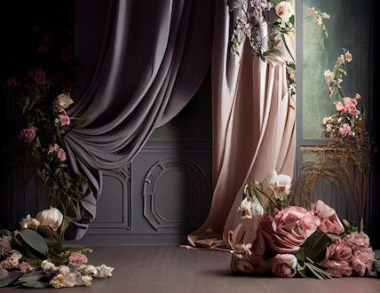 Mystical Vintage Elegance: Velvet Drapes & Flowers Mystical Vintage Elegance: Velvet Drapes & Flowers