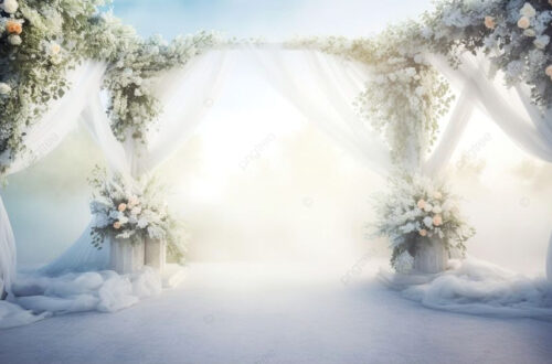 ‘Magical Wedding Backdrop: Soaring White Flowers and Elegant Arches’