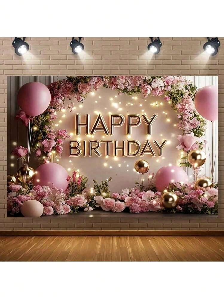 Elegant Pink Birthday Backdrop: Floral & Gold Glam