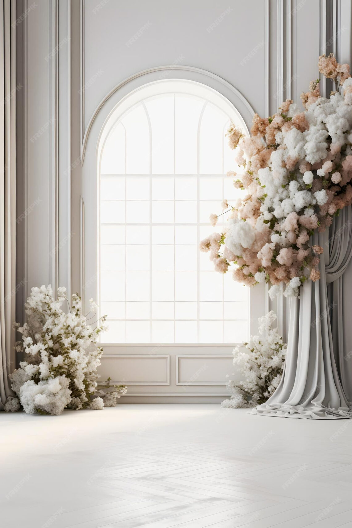 Golden Harmony: Elegant White Room Design with Floral Touches