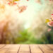 Wooden Table with Blooming Backdrop