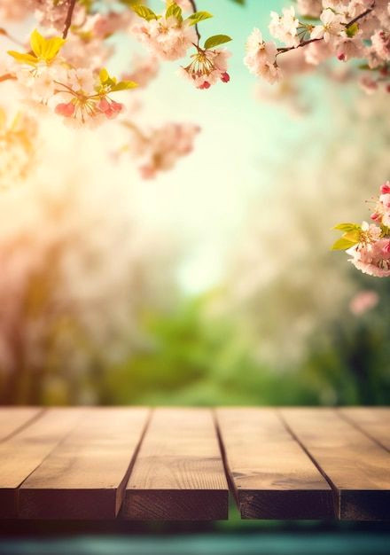 Wooden Table with Blooming Backdrop