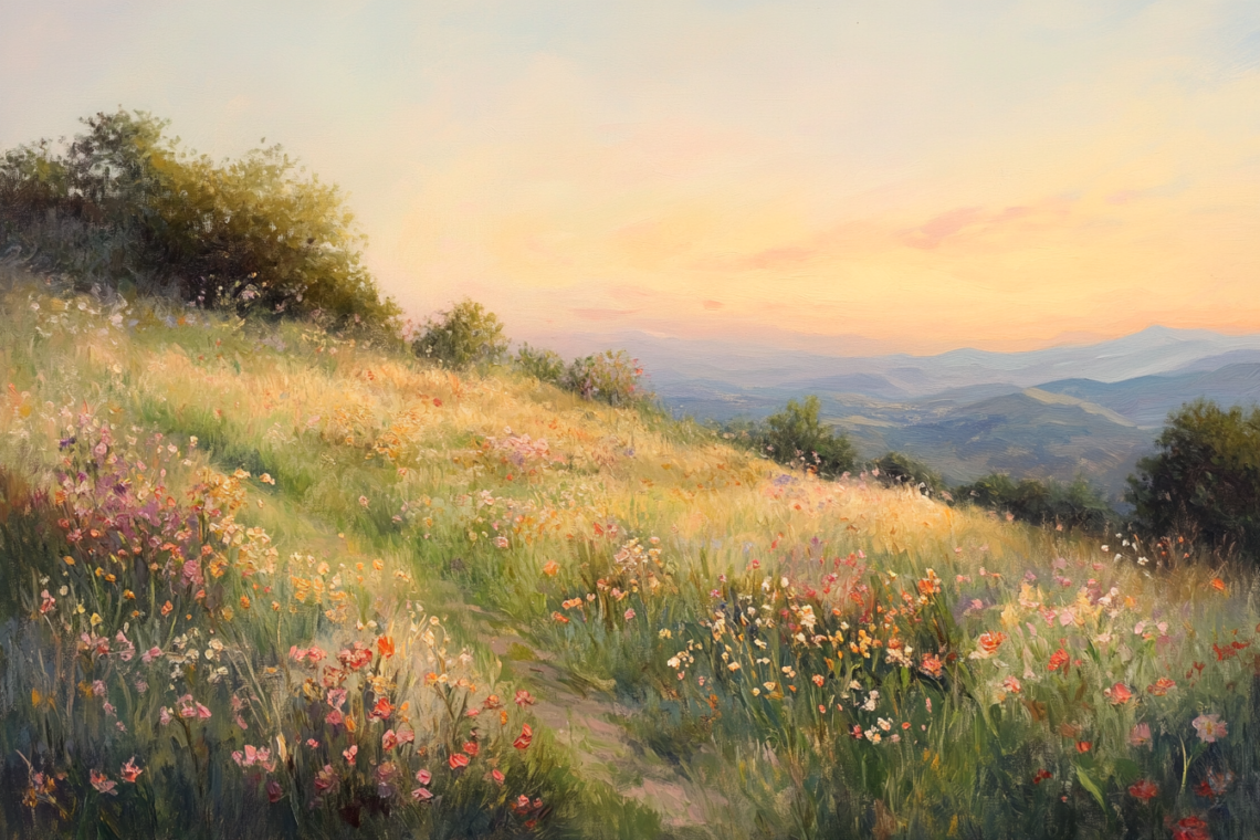 Bloom Under the Sunset: Whimsical Mountain Meadow Art