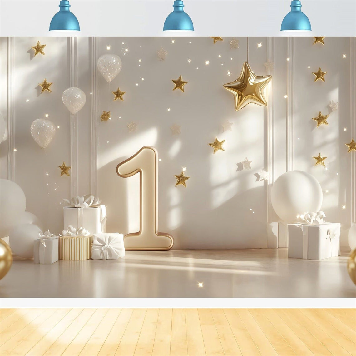 Sparkling 1st Birthday Backdrop — Twinkling Gold Star Luxury Setup