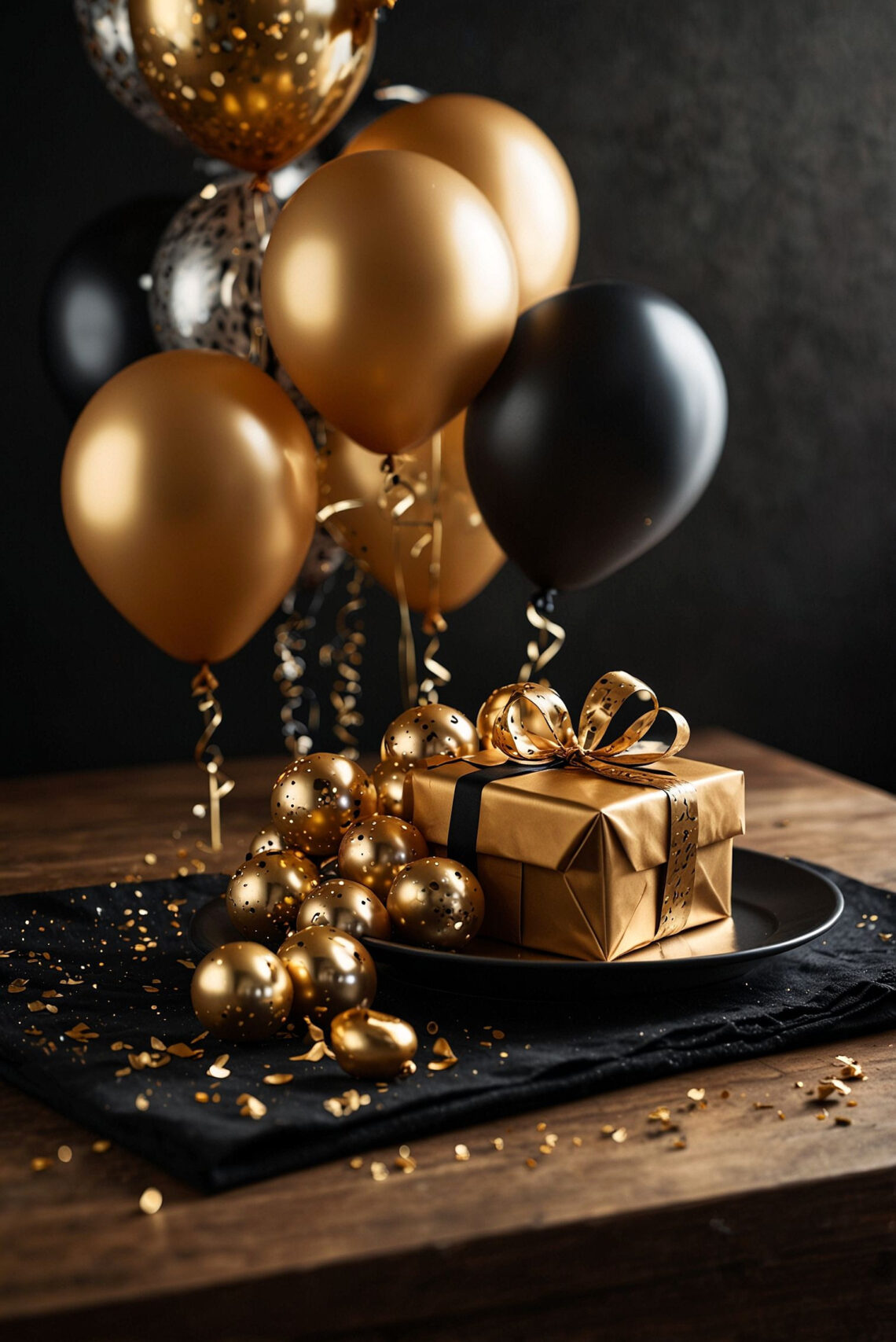 Glänzendes Silvester: Gold, Schwarz & Luftballons