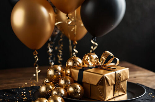Glänzendes Silvester: Gold, Schwarz & Luftballons