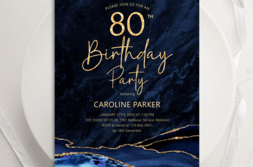 Navy Blue 80th Birthday Invitation — Elegant Agate Design Navy Blue 80th Birthday Invitation — Elegant Agate Design