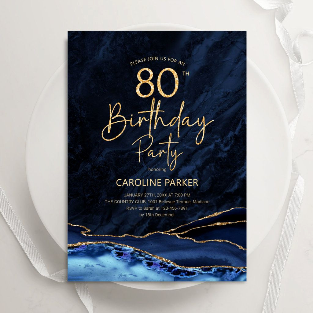 Navy Blue 80th Birthday Invitation — Elegant Agate Design